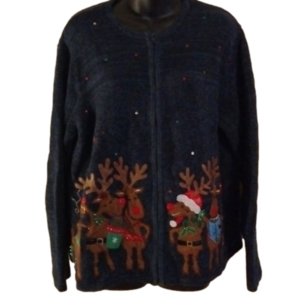 Tiara international blue Christmas sweater. Size 1X. Six reindeer on front!